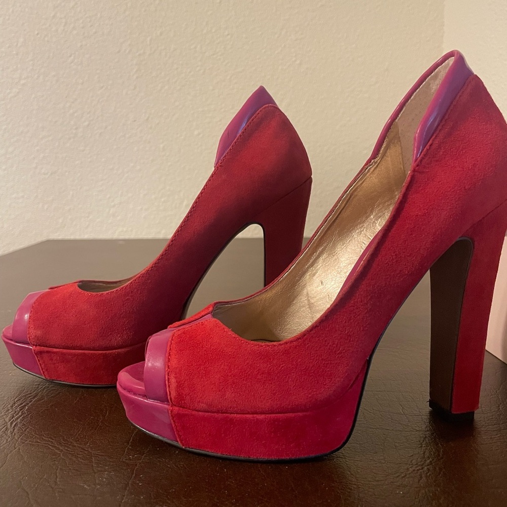 BCBGMaxAzria Raspberry and Red Peep Toe Heels - Picture 3 of 7
